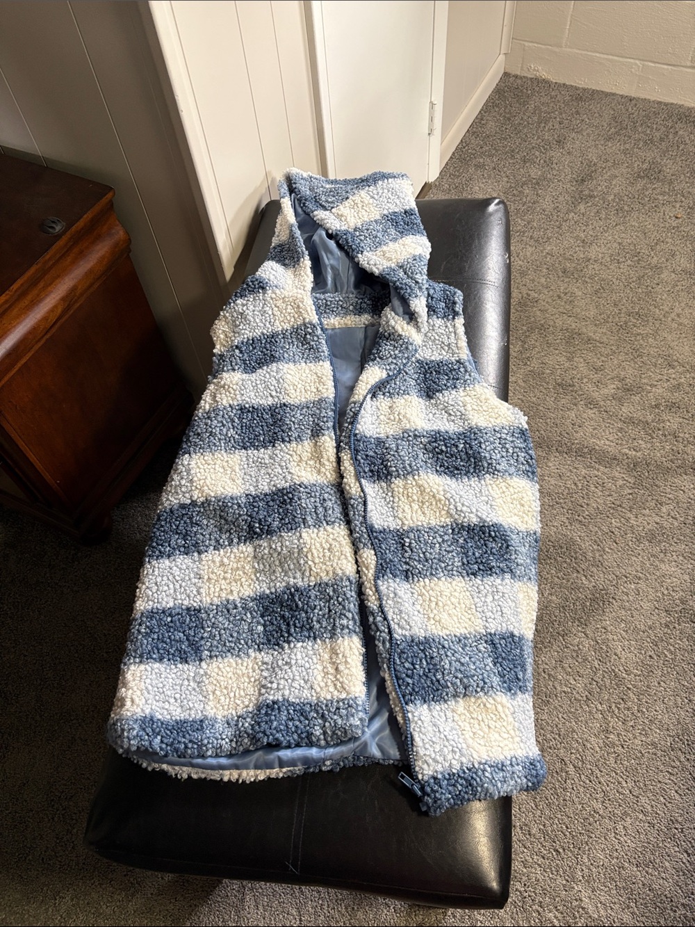 SHEIN Blue and White Striped Sherpa Vest with Hood